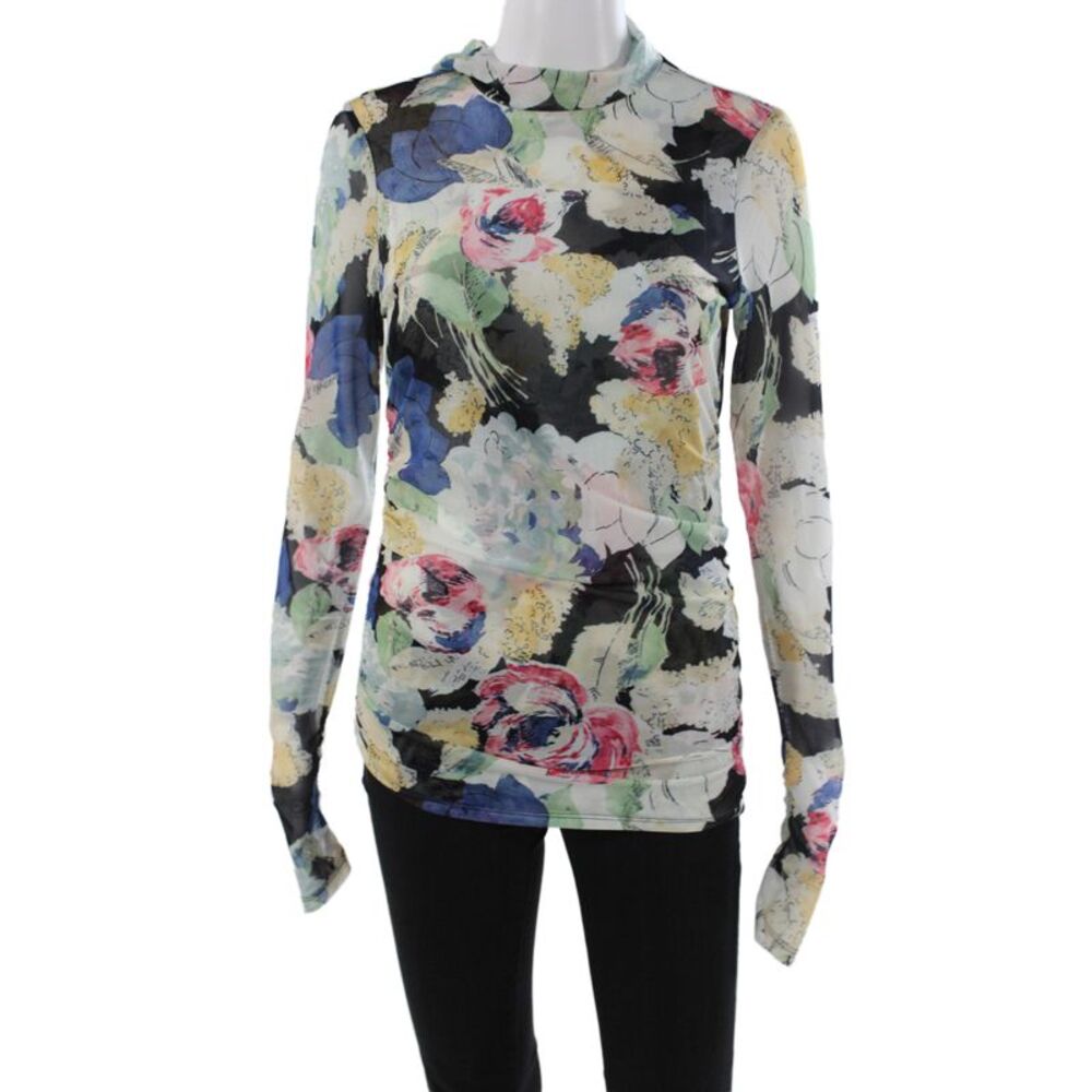 Cinq à Sept Womens Multicolor Floral Mock Neck Button Long Sleeve Blouse Size M